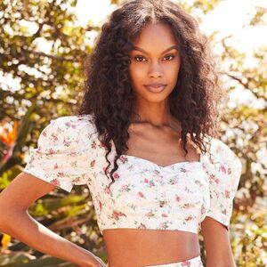 Lulus Cute Factor White Floral Print Puff Sleeve Crop Top